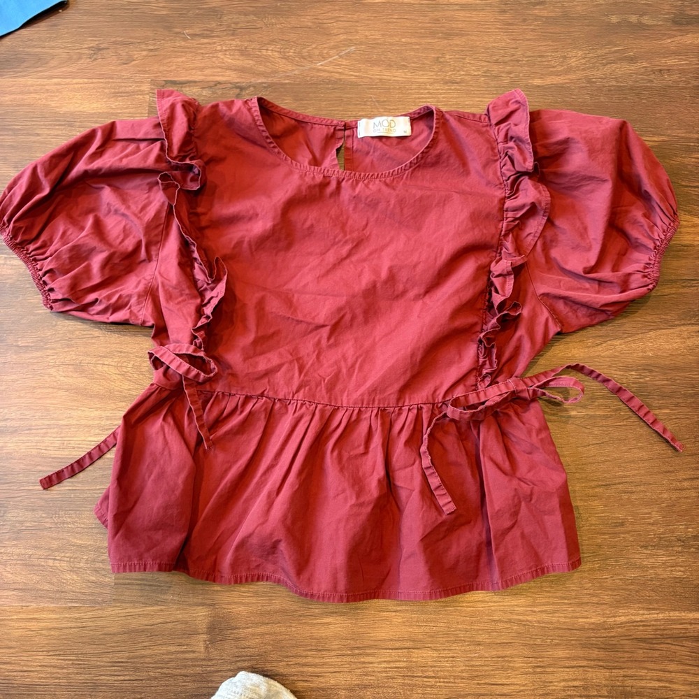 Coquette Burgundy Ruffle Peplum Blouse Puff Sleeve M Milkmaid Cottage Prairie